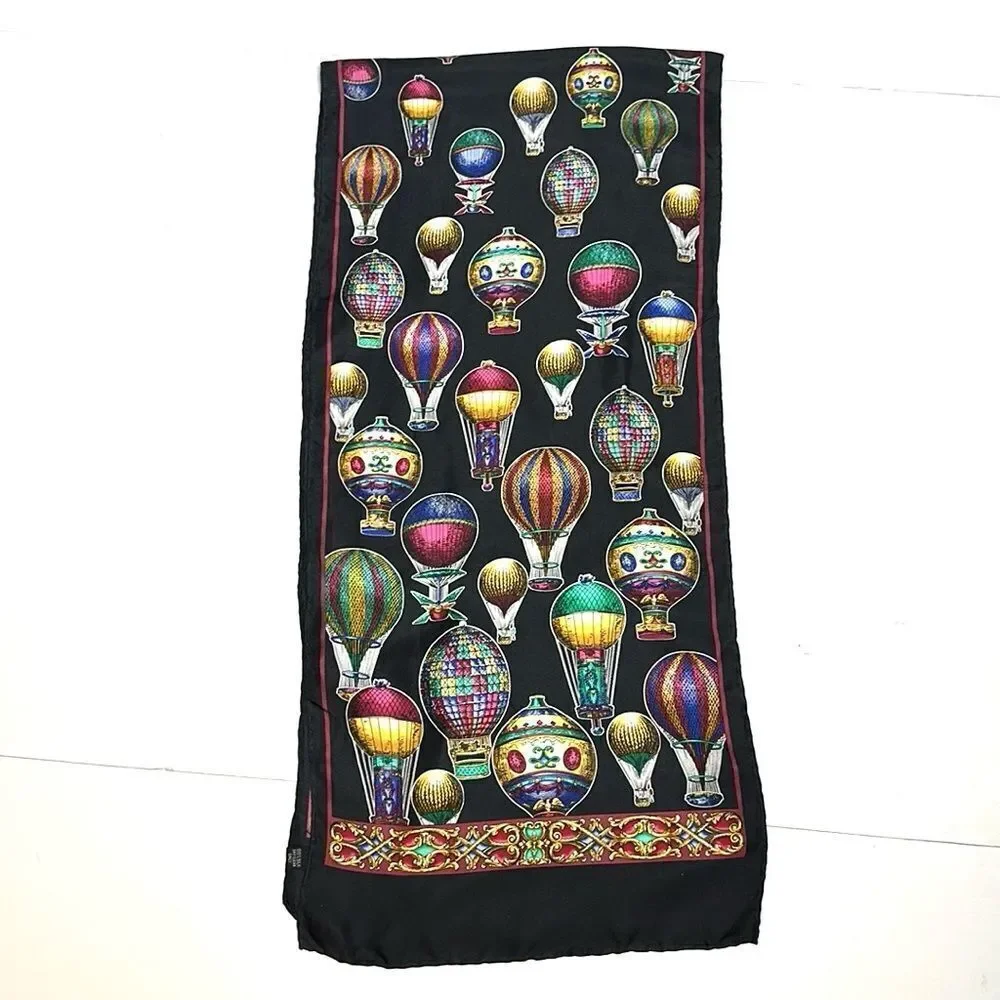 Hot Air Balloons Silk Scarf Black Rectangle 13.5x57” Hand Rolled made in Korea